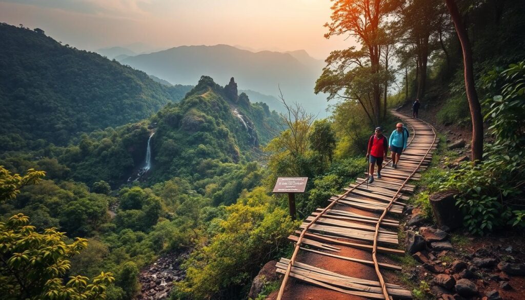 A winding trail winds through lush, verdant forests, leading hikers on an epic journey to the summit of Kumara Parvatha. In the foreground, the path is clearly marked, with sturdy wooden bridges crossing babbling brooks. The middle ground reveals towering rock formations and cascading waterfalls, while the distant peaks of the Western Ghats loom majestically in the background. Warm, golden sunlight filters through the canopy, casting a magical glow over the scene. The image conveys a sense of adventure, challenge, and the sheer beauty of this renowned trekking destination.