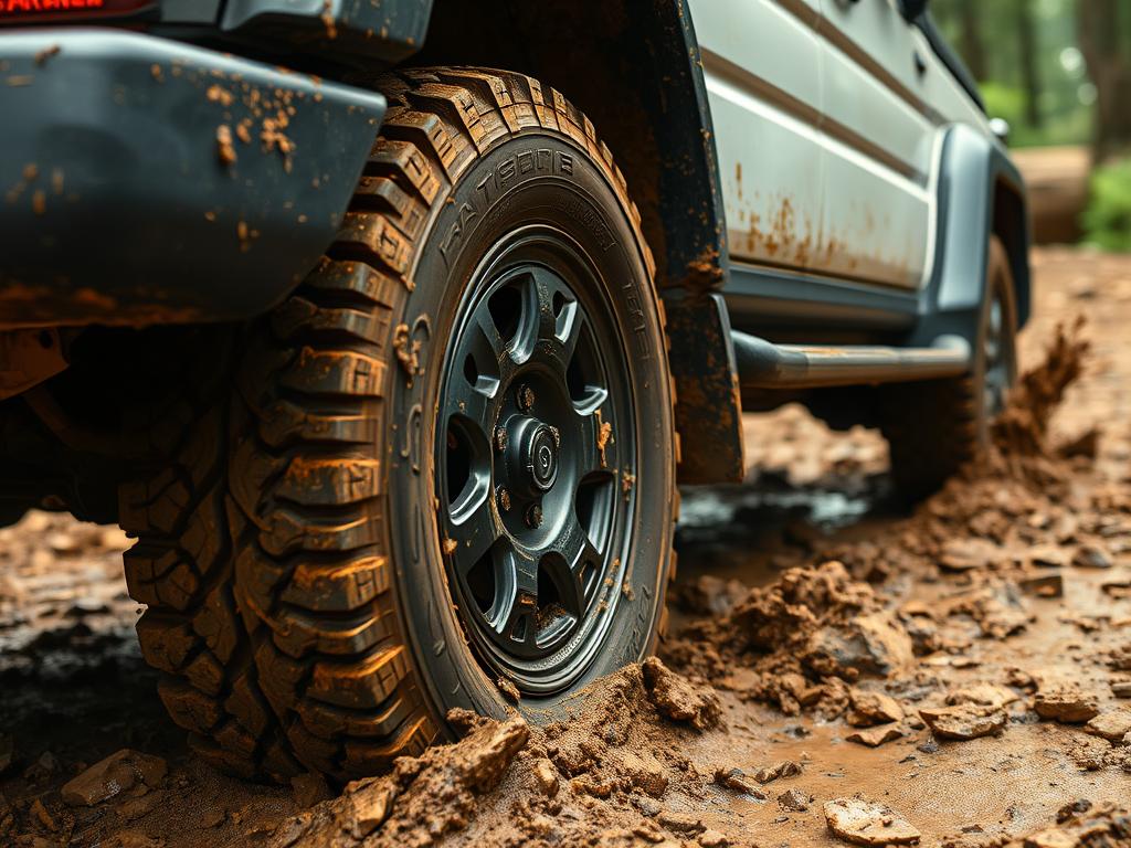 All-terrain tires on a vehicle navigating muddy road in Maharashtra