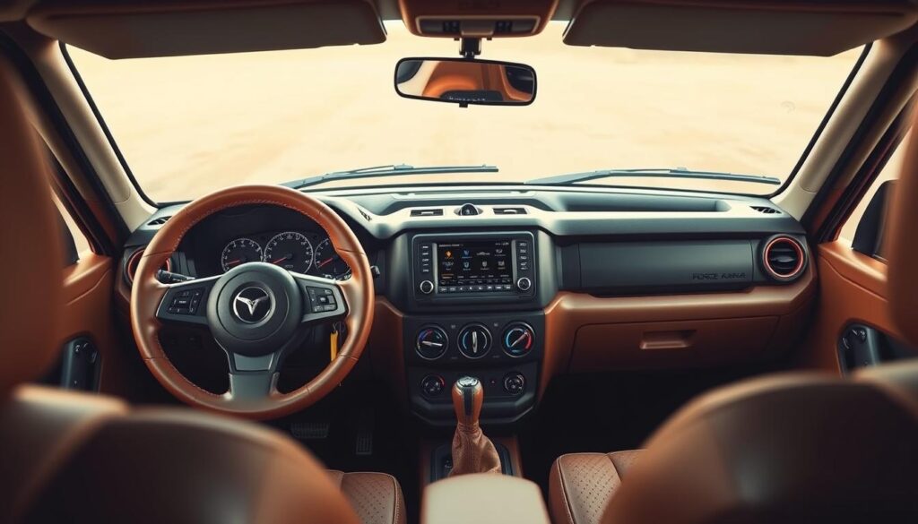 An interior view of the Force Gurkha's dashboard, showcasing its rugged and functional design. Highlight the well-crafted, leather-wrapped steering wheel, the array of analog gauges, and the central infotainment display with intuitive controls. Capture the cabin's robust construction, with sturdy plastic trims and metal accents, conveying a sense of durability and off-road capability. Bathe the scene in warm, diffused lighting to create a cozy, adventure-ready atmosphere, as if the viewer is sitting behind the wheel, ready to tackle the next challenging terrain.