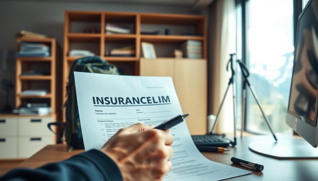An office interior with a desk, computer, and paperwork representing the trekking insurance claim process. The lighting is soft and natural, creating a warm and professional atmosphere. In the foreground, a hand fills out an insurance claim form, with a hiking backpack and trekking poles visible in the background, suggesting the claim is related to a trekking expedition. The middle ground features a filing cabinet and shelves, hinting at the administrative side of the process. The background showcases a window overlooking a mountainous landscape, symbolizing the outdoor adventure that led to the need for the insurance claim.