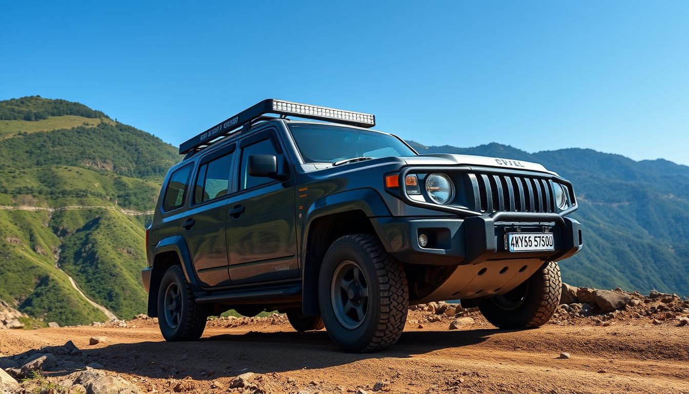 Car equipped with trekking accessories driving on a mountain road in Maharashtra