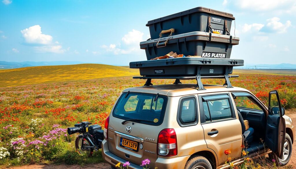 Car with photography equipment storage at Kaas Plateau during flowering season