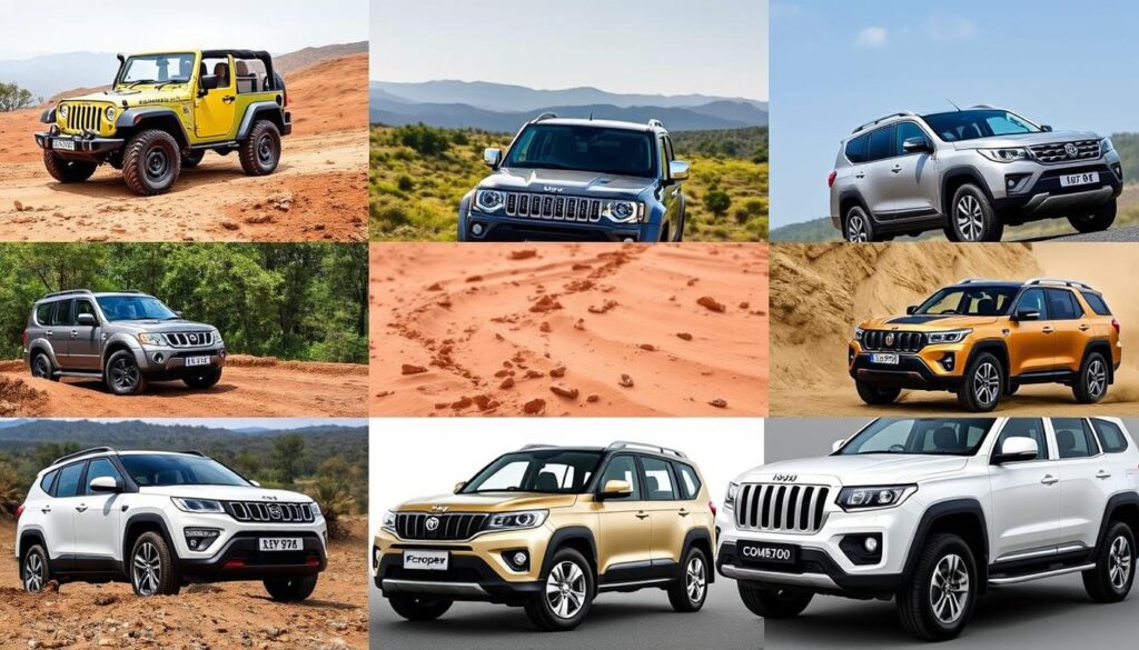 Comparison of the best cars for trekking in India showing multiple vehicles on different terrains