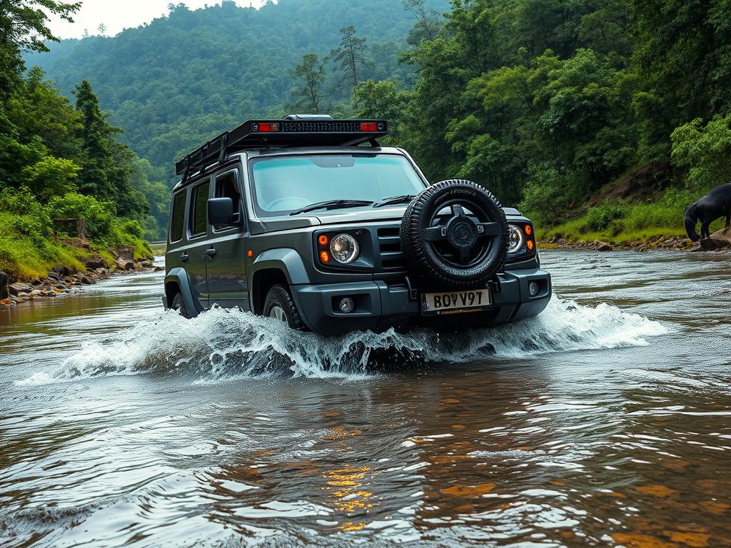 Durable SUV crossing a stream in Maharashtra's mountains Durable SUV crossing a stream in Maharashtra's mountains