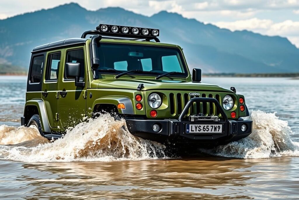 Force Gurkha 4x4 vehicle crossing a water obstacle Force Gurkha 4x4 vehicle crossing a water obstacle