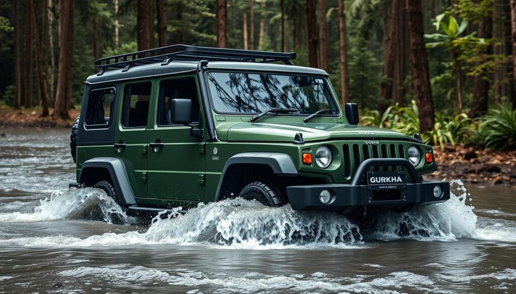 Force Gurkha crossing a water obstacle, highlighting its capabilities as one of the best cars for trekking in India