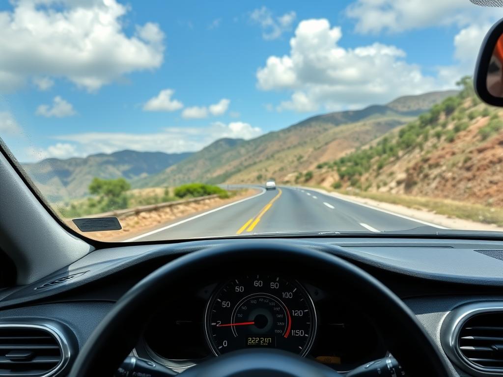 Fuel efficient car dashboard showing good mileage on mountain roads Fuel efficient car dashboard showing good mileage on mountain roads