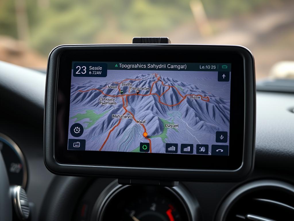 GPS navigation system showing off-road trails in Maharashtra's mountains