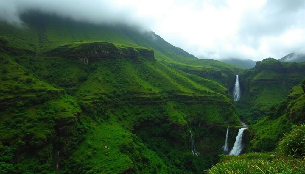 Generate an image of Harishchandragad during monsoon