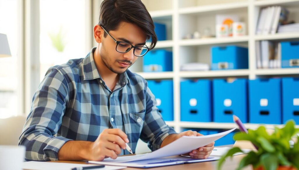 Generate an image of a person filling out a claim form for Reliance Travel Insurance.
