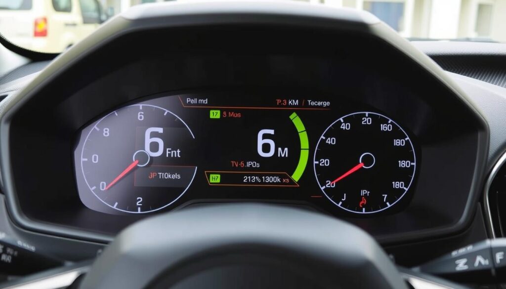 Generate an image of the Mahindra XUV700 fuel efficiency dashboard display