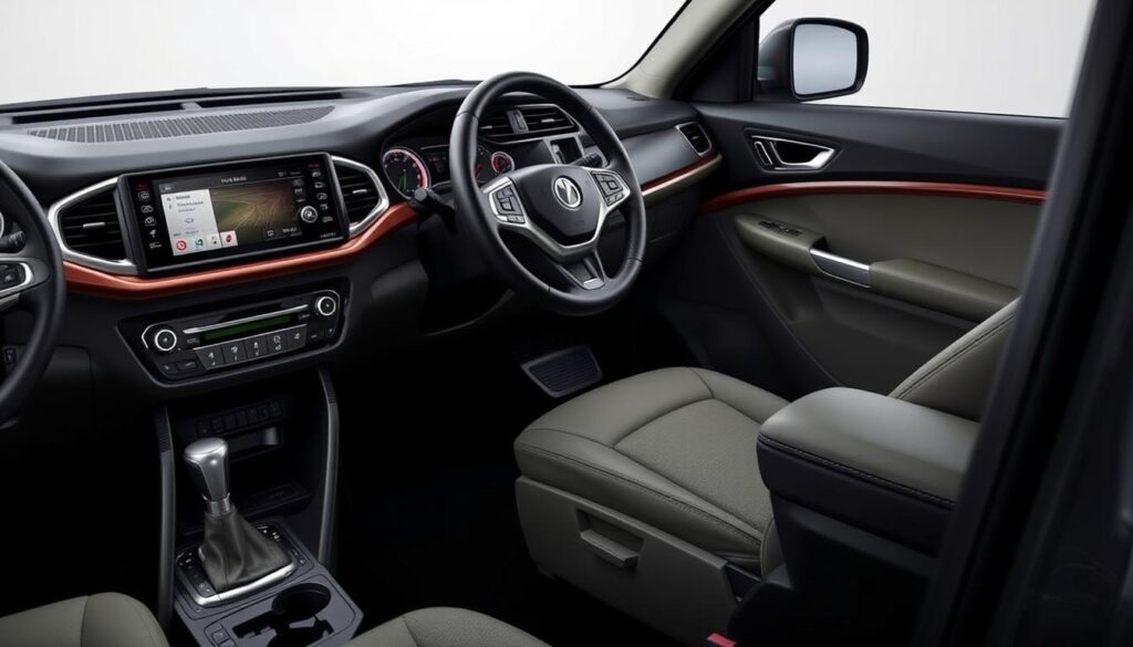 Generate an image of the Mahindra XUV700's interior, showcasing its advanced infotainment system and premium features.