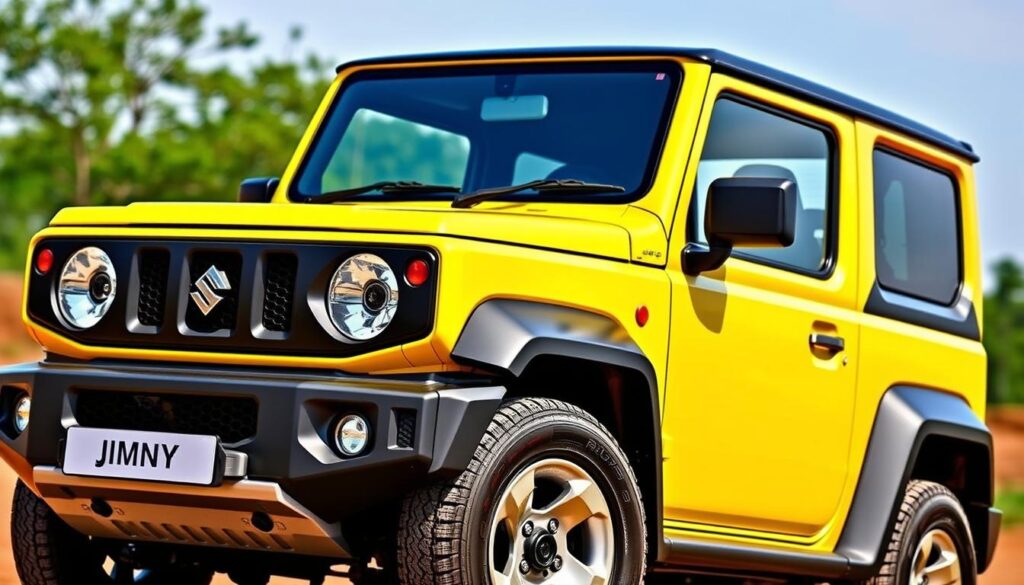 Generate an image of the Maruti Jimny in Kinetic Yellow with a Bluish Black roof.