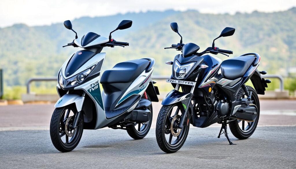 Generate an image of the TVS Jupiter CNG scooter alongside the petrol-powered Jupiter125