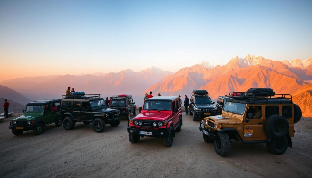 Group of trekking enthusiasts with their off-road vehicles in a scenic mountain location in India