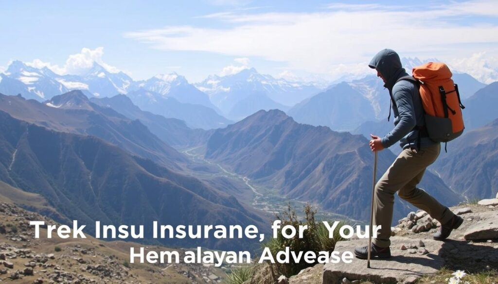 Image of a trekker in the Himalayas with a caption: "Trek Insurance for Himalayan Adventures"