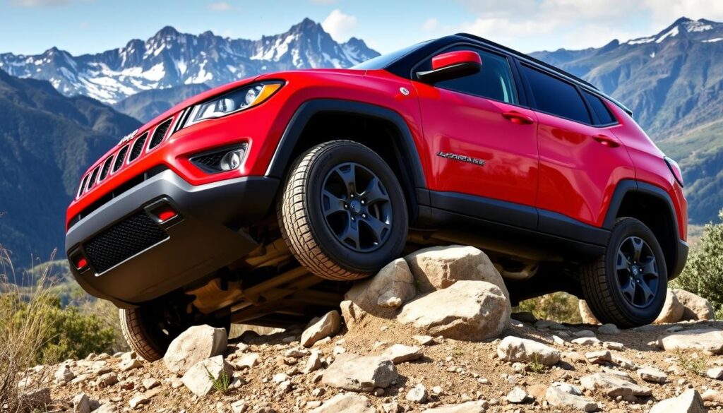 Jeep Compass Trailhawk on a rocky trail, demonstrating why it's among the best cars for trekking in India