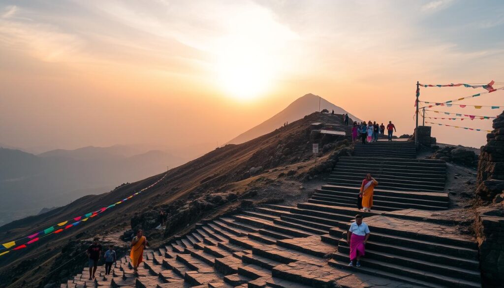 Kalsubai peak, a towering sentinel of Maharashtra's Western Ghats, stands as a revered site steeped in cultural significance. Capture the dramatic landscape, with the majestic peak rising against a serene sky, bathed in golden hues of the setting sun. In the foreground, depict the intricate stone steps and pathways that wind up the mountain, worn by the footsteps of countless pilgrims and trekkers. Intersperse the scene with vibrant splashes of color, such as vibrant prayer flags fluttering in the breeze and colorful local attire worn by the devout worshippers making their ascent. Convey a sense of reverence and spiritual connection, as the image evokes the deep-rooted legends and beliefs that make Kalsubai a treasured cultural landmark.