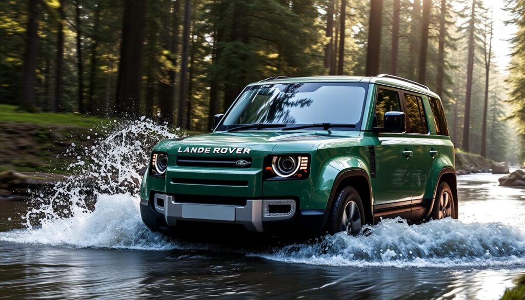 Land Rover Defender 4x4 luxury SUV in off-road environment Land Rover Defender 4x4 luxury SUV in off-road environment