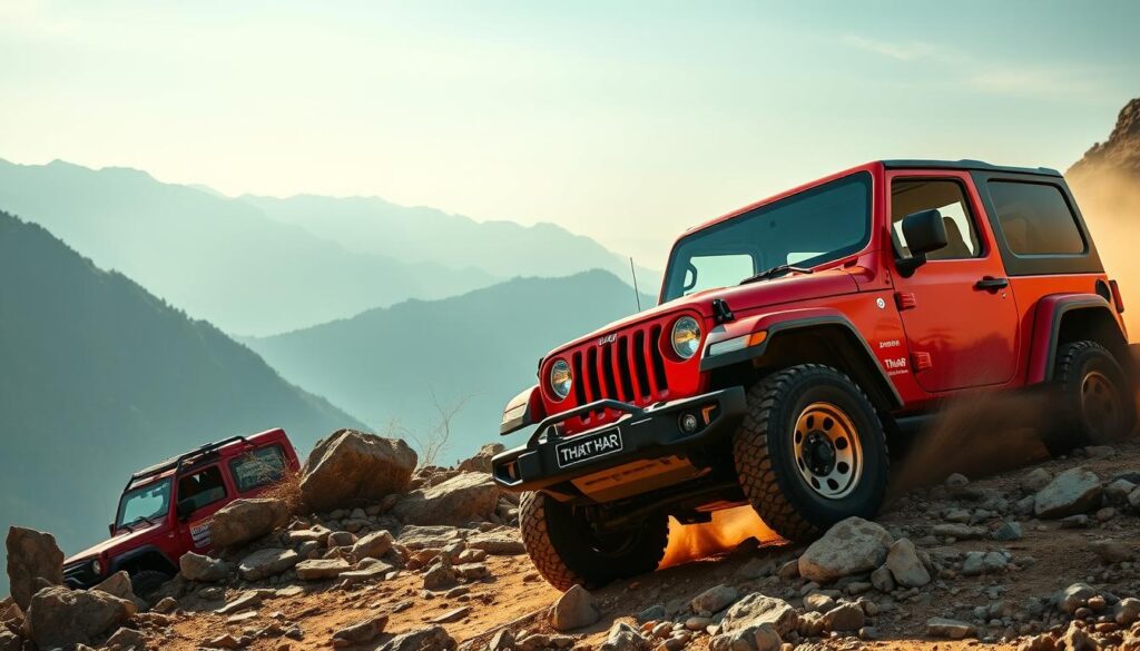 Mahindra Thar conquering rocky terrain, demonstrating why it's among the best cars for trekking in India