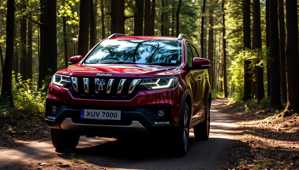 Mahindra XUV700 driving through a forest trail, showing why it's among the best cars for trekking in India