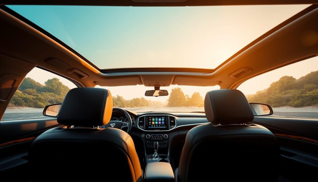 Mahindra XUV700 interior, a luxurious cabin with premium materials and thoughtful design. Sleek dashboard with a large, high-resolution touchscreen infotainment system, surrounded by brushed metal accents. Plush leather seats in the foreground, offering ample support and comfort. Mood lighting creates a warm, inviting atmosphere, complementing the ambient lighting in the middle ground. Expansive panoramic sunroof floods the interior with natural light, giving a sense of openness and airiness. Subtle chrome trims and wood-grain details add a touch of sophistication throughout the space. A harmonious blend of technology, comfort, and style, capturing the essence of the Mahindra XUV700 interior.