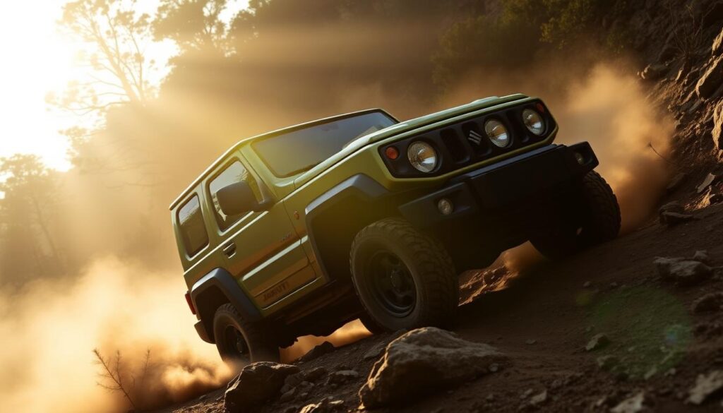 Maruti Jimny off-road performance in a rugged, mountainous landscape. The diminutive 4x4 aggressively navigates a rocky, dusty trail, its small stature belying its impressive capability. Sunlight filters through the trees, casting dramatic shadows over the scene. The Jimny's round headlights pierce the gloom, its boxy silhouette highlighted by the dramatic lighting. The vehicle's knobby all-terrain tires grip the uneven terrain, sending up plumes of dust as it powers through the challenging conditions. The overall mood is one of adventure and exploration, showcasing the Jimny's ability to handle even the toughest off-road environments.