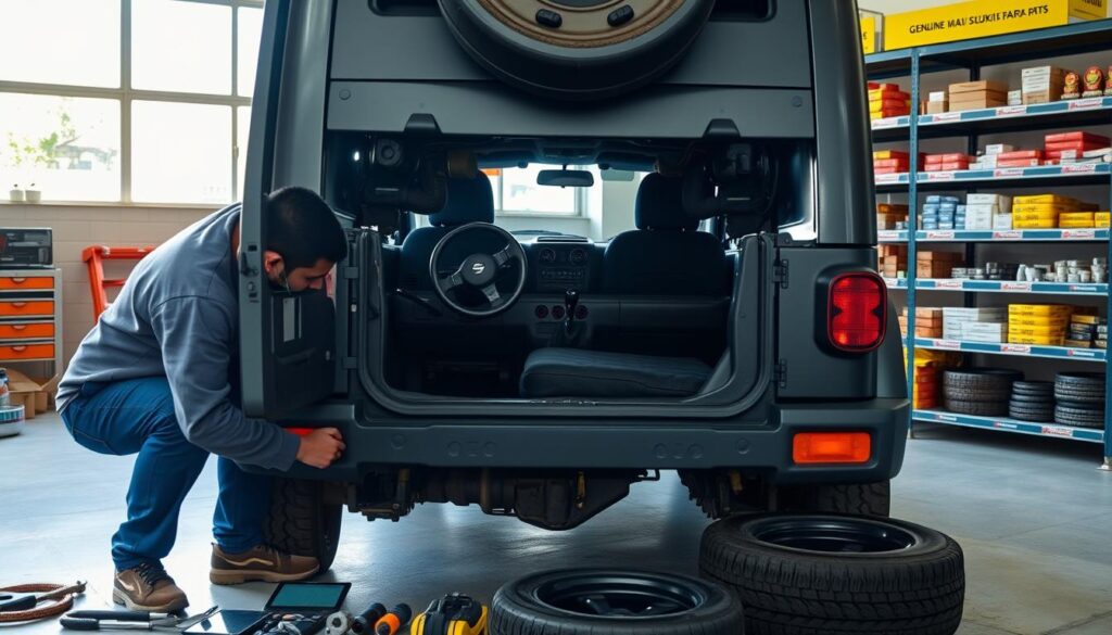 Maruti Jimny parked in a well-lit garage, its compact frame and rugged design prominently displayed. In the foreground, a mechanic examines the vehicle's underbody, checking for any signs of wear or damage. Surrounding the Jimny are various maintenance tools, including a torque wrench, a diagnostic tablet, and a set of tire-changing equipment. The middle ground showcases the Jimny's interior, with the driver's seat exposed, allowing a glimpse of the clean, functional dashboard. The background features shelves stocked with genuine Maruti Suzuki spare parts, conveying the availability of reliable replacement components. The overall scene exudes a sense of diligence and attention to detail, reflecting the Jimny owner's commitment to maintaining their rugged and dependable compact SUV.