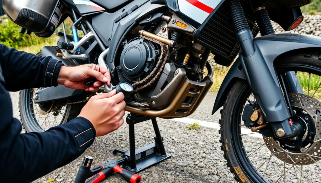 Motorcycle maintenance being performed on a trekking bike in India Motorcycle maintenance being performed on a trekking bike in India
