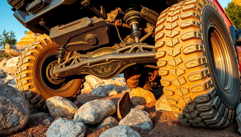 Off-road vehicle demonstrating high ground clearance on rocky terrain