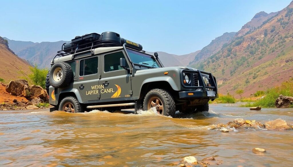Off-road vehicle with comprehensive accessories approaching Sandhan Valley