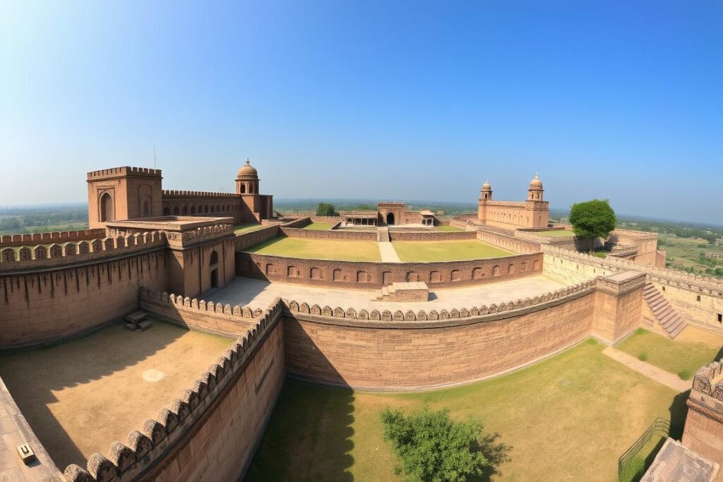 Panoramic view of Ballarpur Fort in Maharashtra showing defensive walls and structures Panoramic view of Ballarpur Fort in Maharashtra showing defensive walls and structures