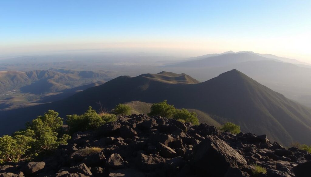 Panoramic views from the summit of Kalsubai, the highest peak in Maharashtra, India. In the foreground, rugged rocky terrain dotted with lush vegetation. In the middle ground, rolling hills and valleys stretching out as far as the eye can see, bathed in warm, golden sunlight. In the distant background, towering mountain peaks silhouetted against a clear, azure sky. The scene exudes a sense of tranquility and grandeur, inviting the viewer to imagine the breathtaking vistas that await those who make the challenging trek to the top.