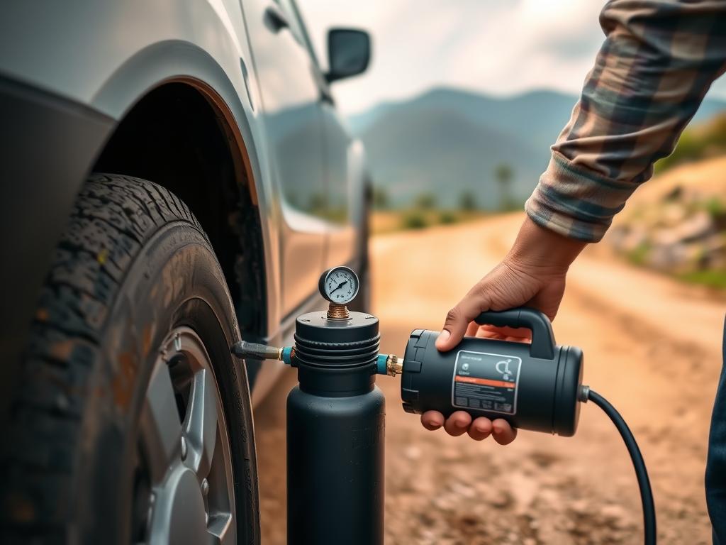 Portable air compressor being used to adjust tire pressure on a trekking vehicle