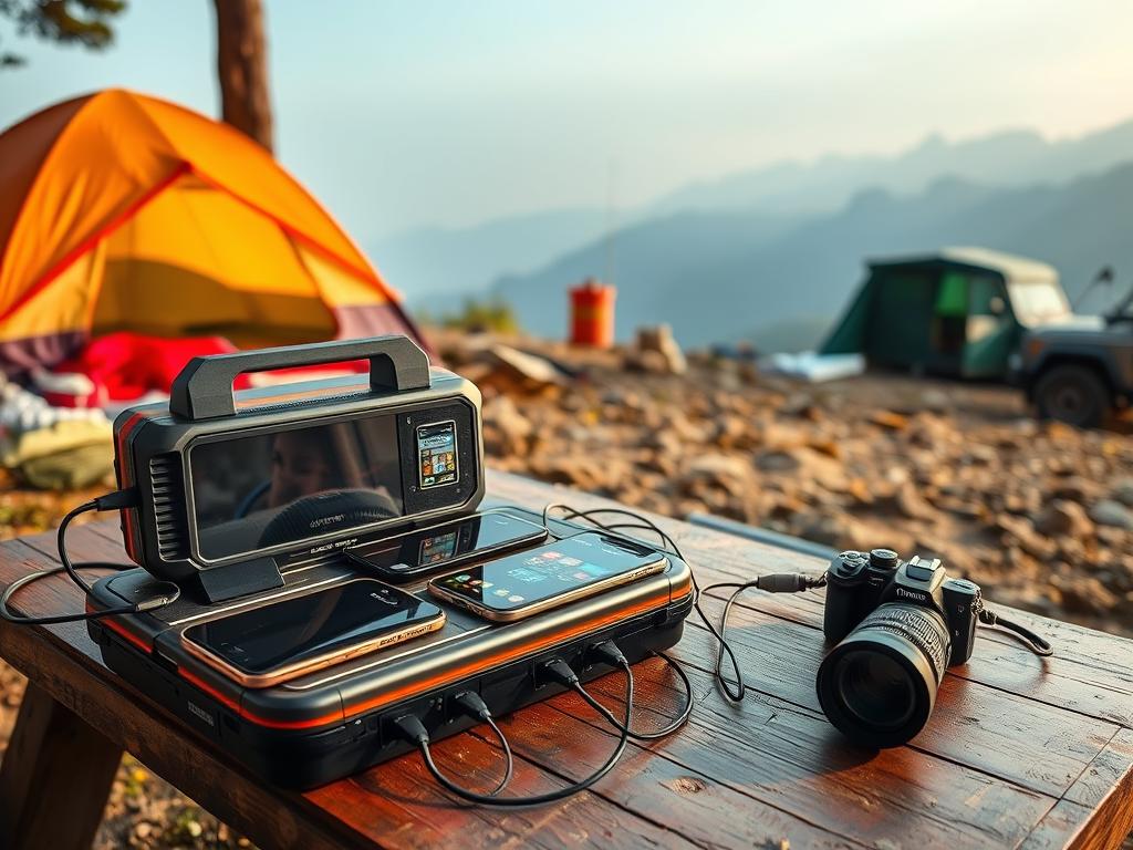 Portable power station charging devices at a Maharashtra trekking campsite