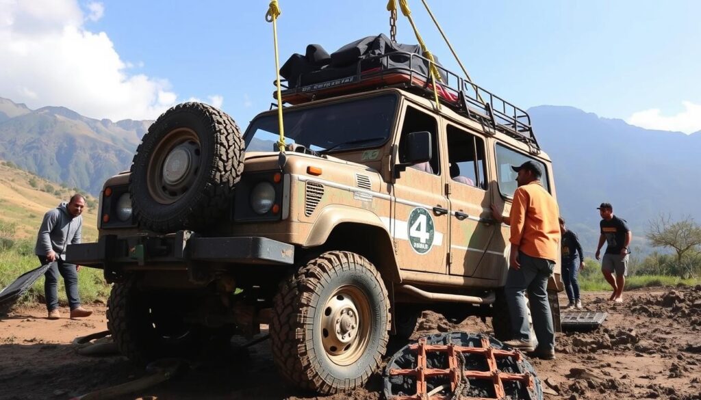 Recovery equipment being used to free a stuck vehicle on a muddy Maharashtra trail