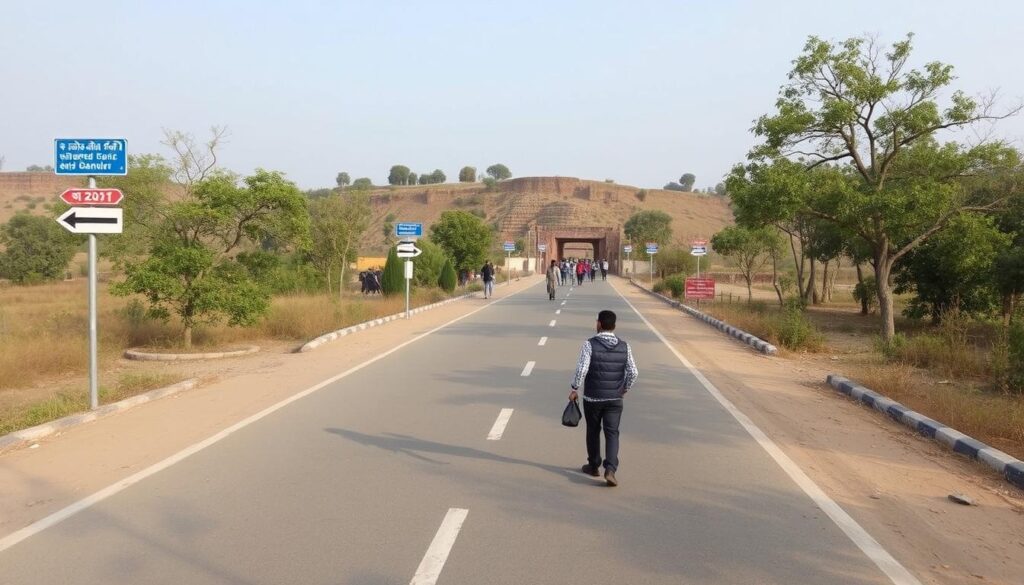Road leading to Ballarpur Fort in Maharashtra with directional signage Road leading to Ballarpur Fort in Maharashtra with directional signage