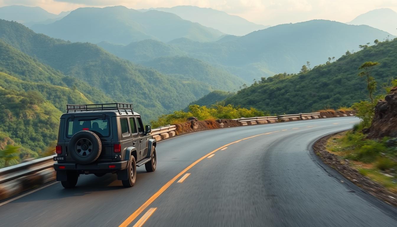 SUV driving on a mountain road in Maharashtra's Western Ghats