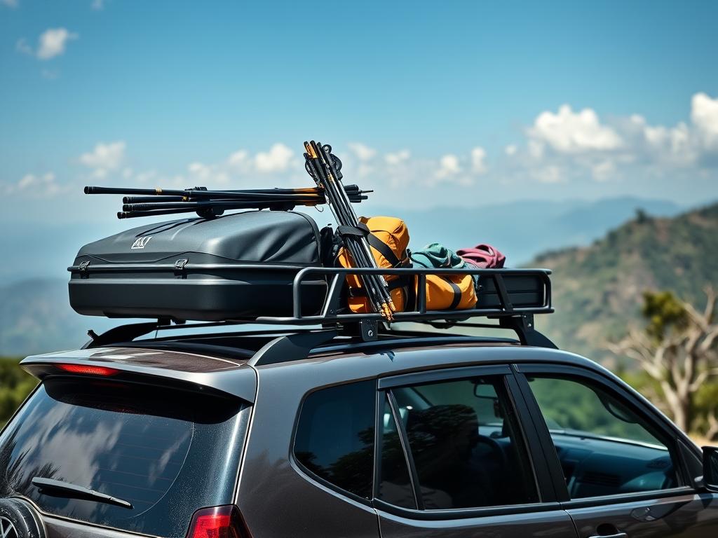 SUV with roof rack loaded with trekking gear on a Maharashtra mountain road