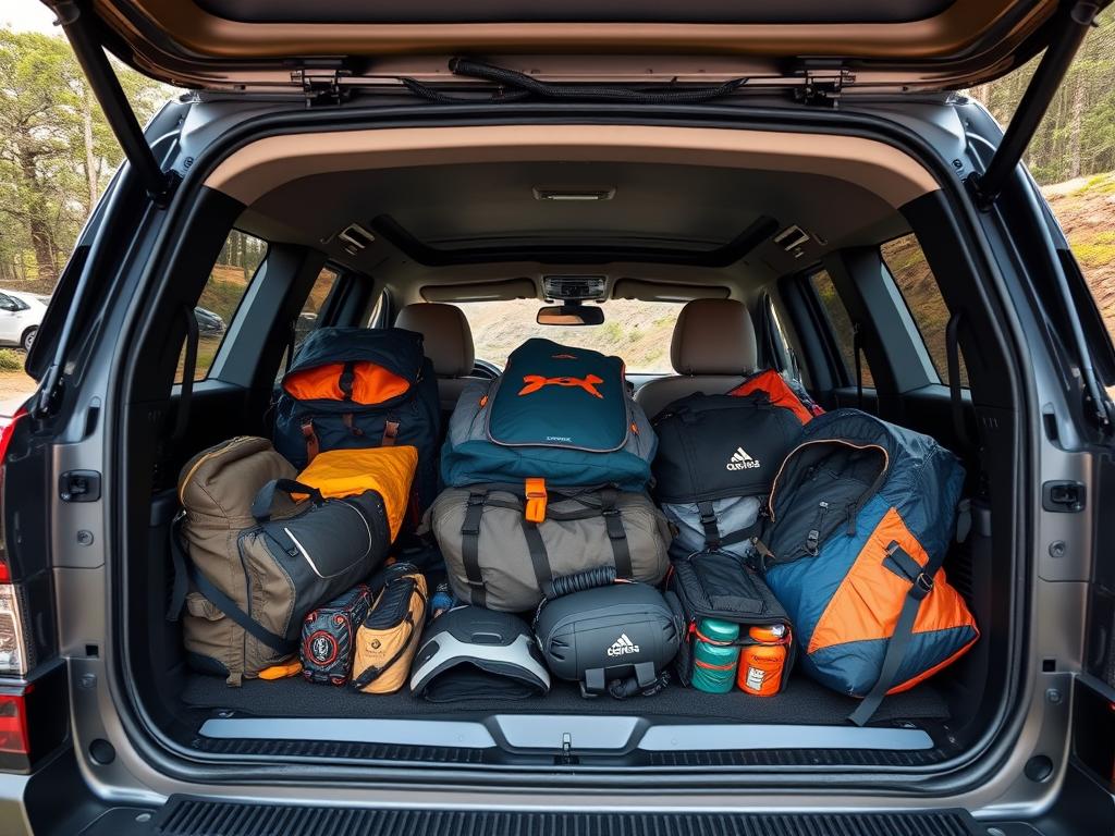 SUV with spacious cargo area packed with trekking gear SUV with spacious cargo area packed with trekking gear