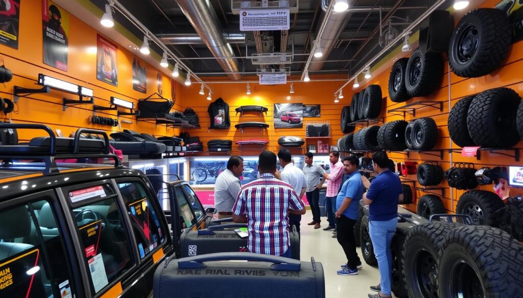 Specialized car accessories store in Pune displaying trekking equipment