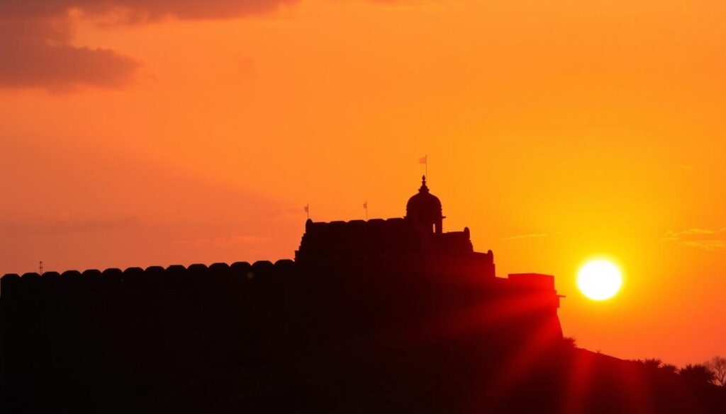 Sunset view of Ballarpur Fort in Maharashtra showcasing its majestic silhouette Sunset view of Ballarpur Fort in Maharashtra showcasing its majestic silhouette