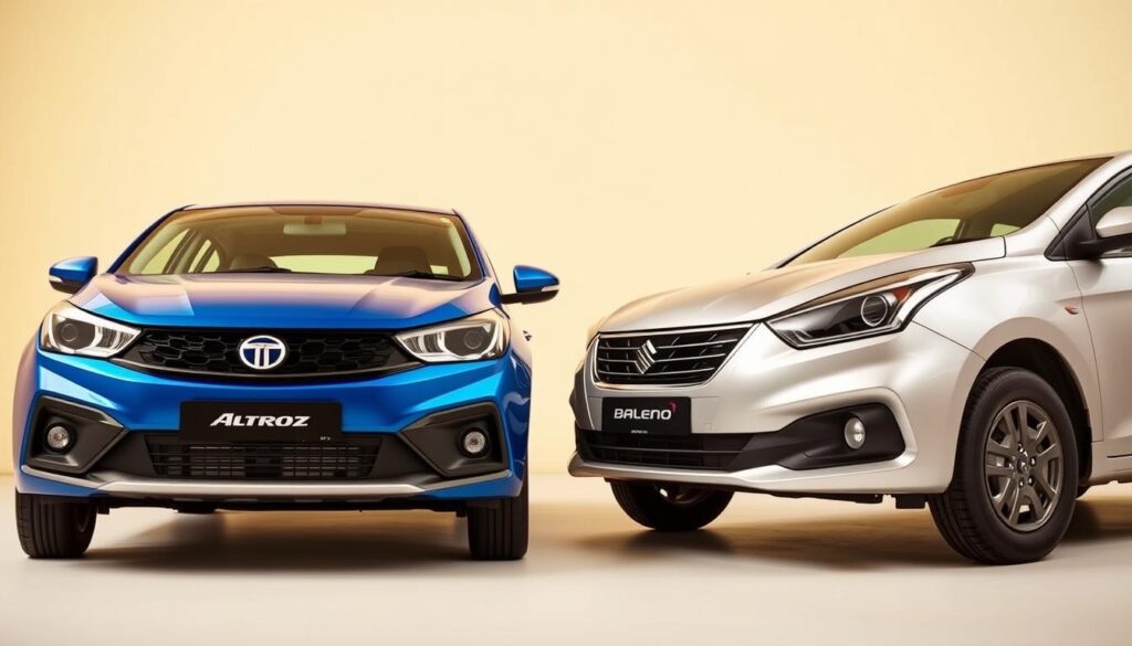 Tata Altroz and Maruti Baleno, two iconic Indian hatchbacks, side by side in a well-lit studio setting. The Altroz, sleek and sophisticated, in a vibrant shade of blue, contrasts with the Baleno's elegant silver exterior. In the foreground, the front profiles of the vehicles are highlighted, showcasing their distinct grille designs and headlight configurations. In the middle ground, the side profiles reveal the proportions and styling cues of each car. The background is softly blurred, emphasizing the comparison between these two rivals. The lighting is warm and natural, creating a sense of depth and highlighting the key design elements. The overall composition aims to convey the strengths and weaknesses of these hatchbacks in a visually compelling manner.