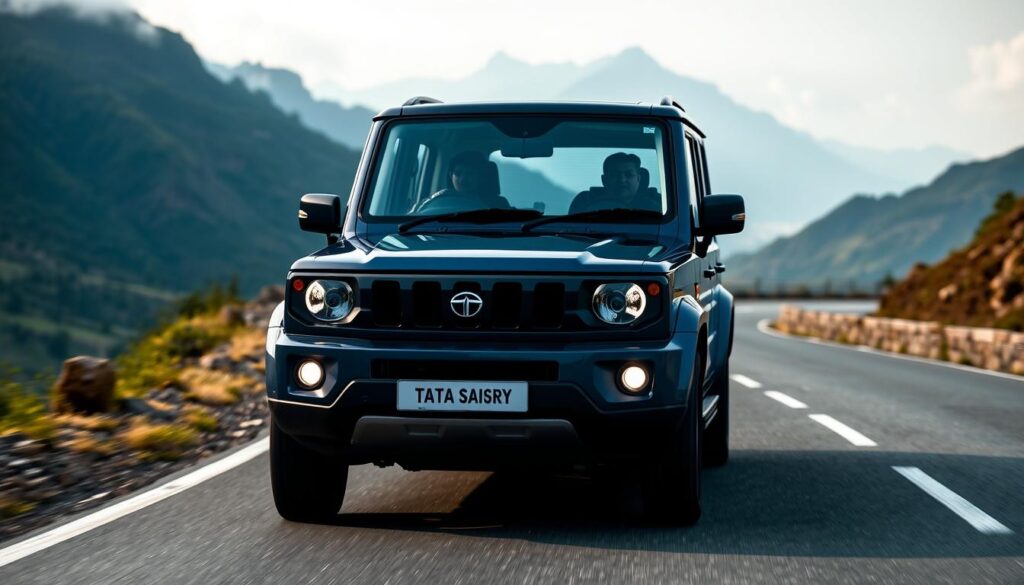 Tata Safari on a mountain road, highlighting its position among the best cars for trekking in India
