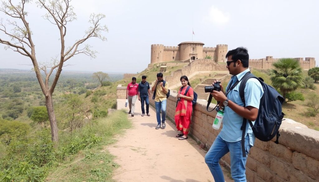 Tourists exploring Ballarpur Fort in Maharashtra with proper equipment Tourists exploring Ballarpur Fort in Maharashtra with proper equipment