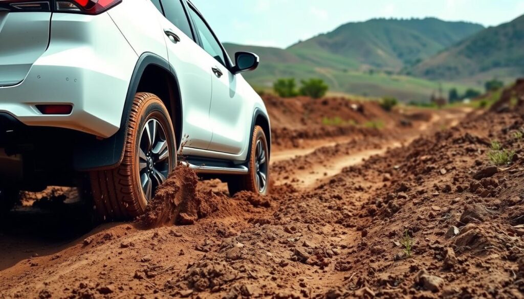 Toyota Fortuner 4x4 SUV driving through challenging terrain Toyota Fortuner 4x4 SUV driving through challenging terrain