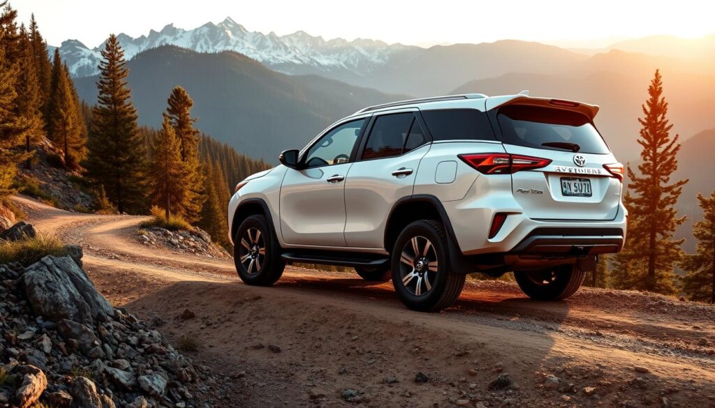 Toyota Fortuner navigating a mountain trail, showcasing its position among the best cars for trekking in India