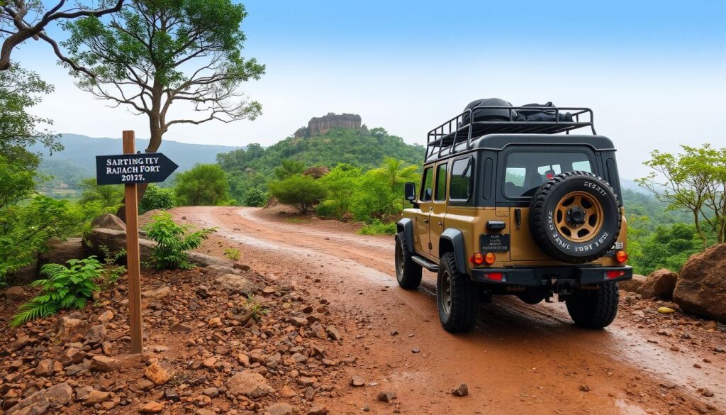 Vehicle approaching Rajmachi Fort trek point with essential accessories