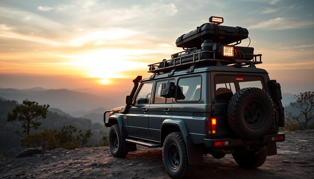 Vehicle fully equipped with trekking accessories parked at a scenic Maharashtra viewpoint