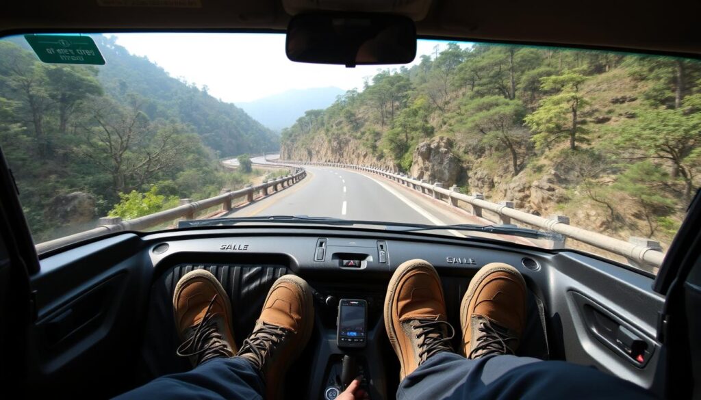 Vehicle interior showing all-weather mats and dash cam on the way to Bhimashankar